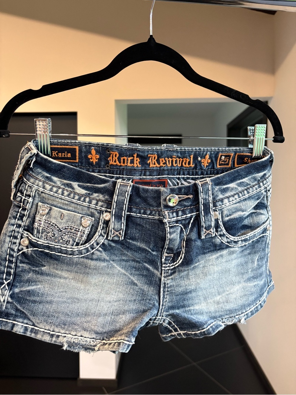 Rock Revival Women's Embellished Faded Blue Denim Shorts - Picture 2 of 5